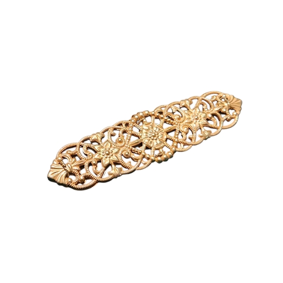 Miriam Haskell Jewelry - Miriam Haskell Gilded Filigree Bar Pin Vintage Gold Tone Floral Signed